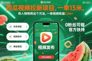 西瓜视频拉新项目，一单13米，有人悄悄用这个方法，一条视频收益2.5w+（附详细教程）