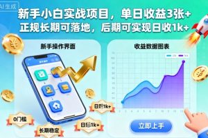 新手小白实战项目,单日收益3张+,正规长期可落地,后期可实现日收1k+【揭秘】